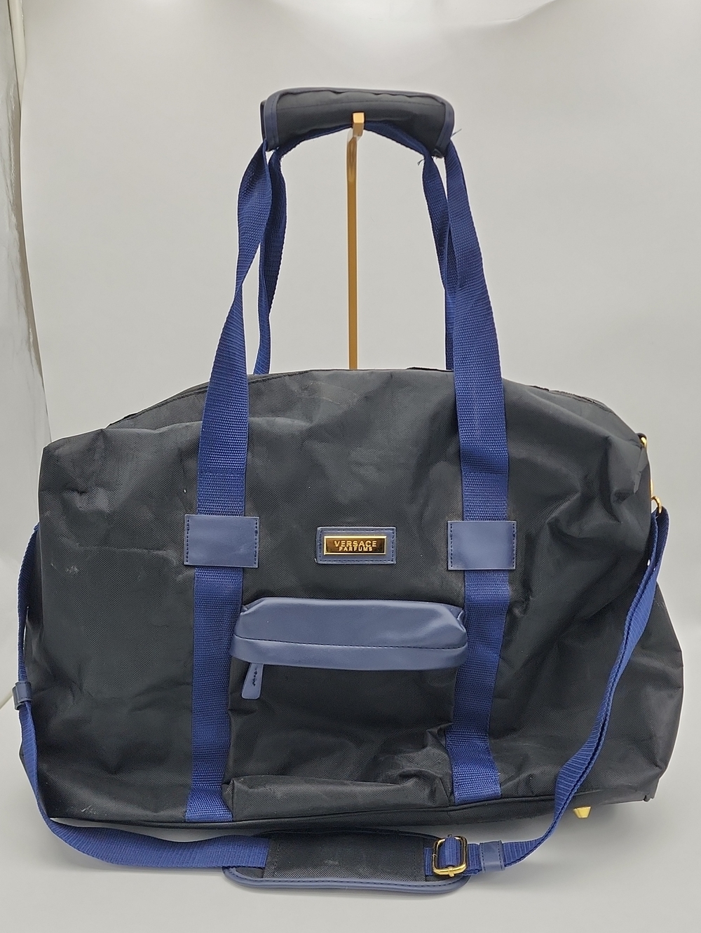 Versace Black and Blue Duffel Bag with Gold‎ Logo Plate